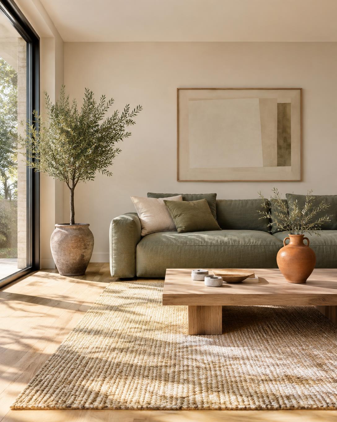 Sunlit living room with sage sofa, oak table, and terracotta accessories